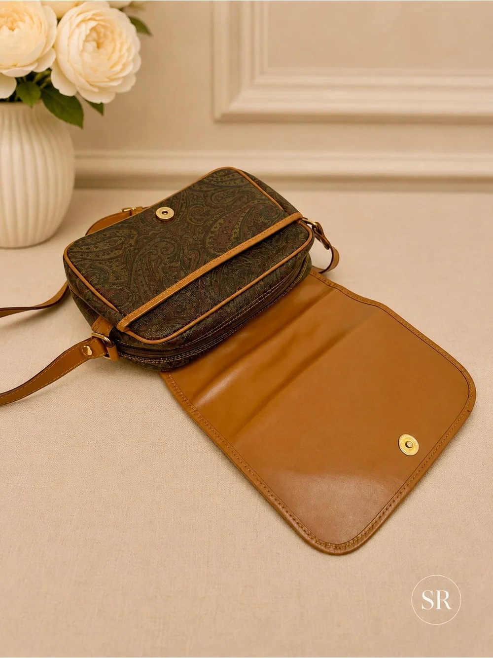 Sold VTG Pierre Balmain Paisley Canvas Leather Trim Crossbody Shoulder Bag